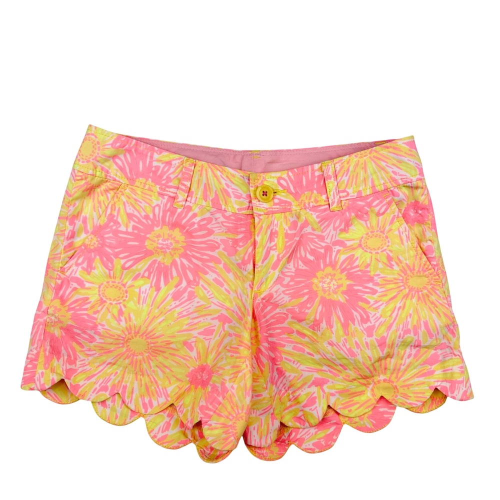 Lilly Pulitzer Buttercup Short Womens 0 Pink Yellow Floral Scallop Hem Low Rise